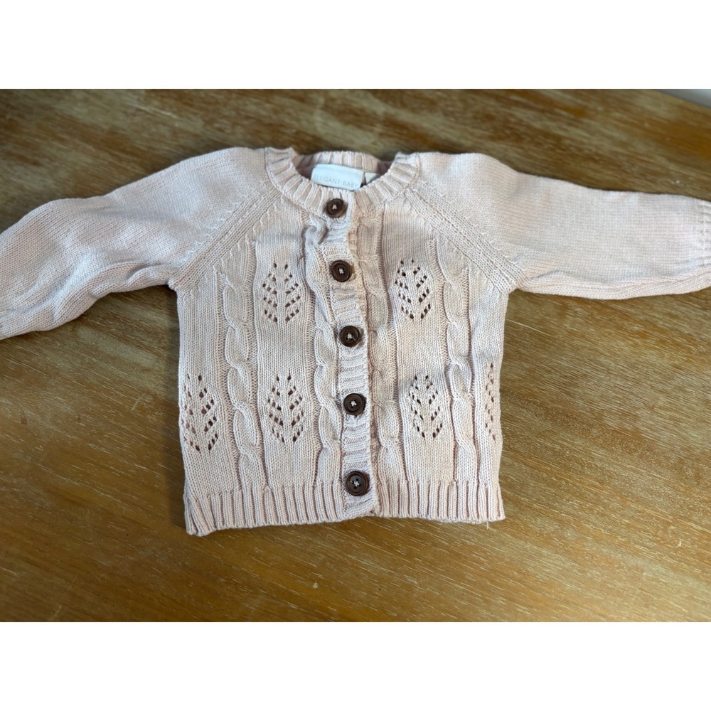 Elegant Baby Pink Cotton Pointelle Cable‎ Knit Cardigan Sweater 6mo 90661